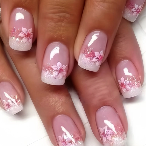Press On Nails Pink Gradient Flower Pattern Cherry Blossom Glitter Short Square Round False Nails Sweet Style For Women