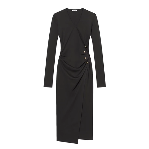 Elegantes Midi-Kleid Mit V-Ausschnitt Und Langen Ärmeln Seitlicher Raffung Goldenen Knöpfen Figurbetontes Sexy Wrap-Kleid