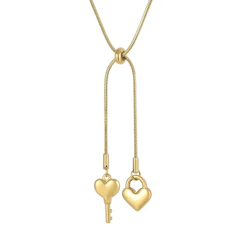 Stainless Steel Heart Lock And Key Pendant Necklace Adjustable Snake Chain Lariat Chic Fashion Jewelry For Women