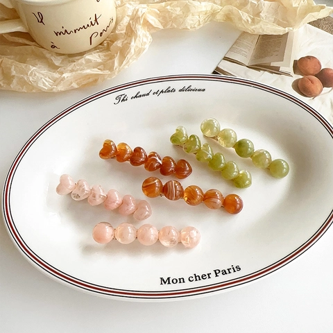 Hair Clips Heart Round Bead Acetate Resin Marble Texture Jelly Color Side Fringe Duckbill Pins For Women Sweet Korean Style