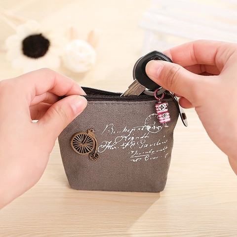 Vintage Canvas Coin Purse Zipper Wallet Retro Printed Small Pouch Bag With Metallic Charm For Daily Use