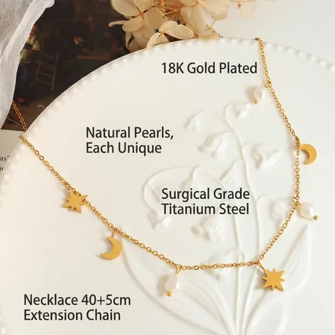 Collana Stella Luna Perla de Agua Dulce Naturale D'acqua Dolce Placcato Oro 18K Acciaio Al Titanio Girocollo Gioielli Eleganti Donna
