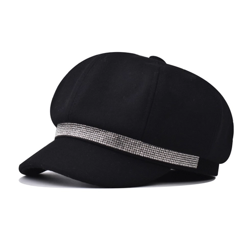 Women Newsboy Cap Retro Woolen Nylon Octagonal Hat With Sparkling Rhinestones Fashion British Style Solid Color Beret