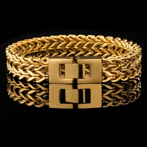 Pulsera Hombre Cadena Hueso De Dragón Doble Fila Acero Inoxidable Malla Tejida Estilo Hip Hop Punk Joyería Geométrica Cierre Cuadrado