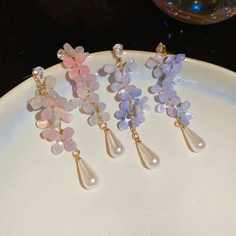 Orecchini Lunghi A Nappa Con Fiore In Resina Perla Artificial Sintetica Zirconia Perno In Argento Sterling 925 Da Donna