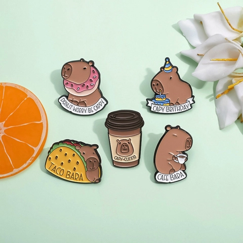 Cute Cartoon Capybara Alloy Enamel Brooch Pin Fun Animal Donut Taco Coffee Birthday Cake Badge For Clothing Bag Decor Gift