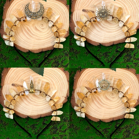 Cerchietto Con Corona Di Cristallo Naturale Fatto A Mano Pietra Grezza Bohemienne Luna Sole Filo Metallo Avvolto Accessori