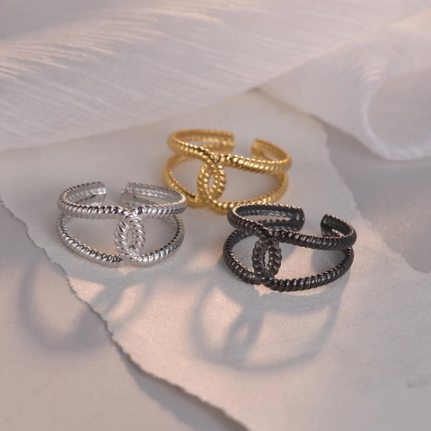 Roestvrijstalen Holle Geometrische Gedraaide Touw Open Ring Verstelbaar Retro Minimalistisch Sieraden Voor Vrouwen