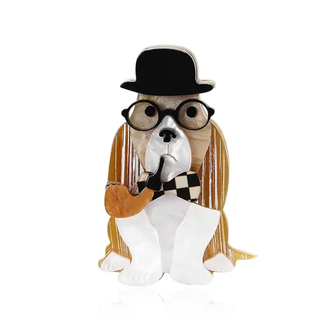 Gentleman Hund Brosche Acryl Cartoon Tier Anstecknadel Mit Hut Brille Pfeife Fliege Für Anzug Jacke Dekoration Unisex