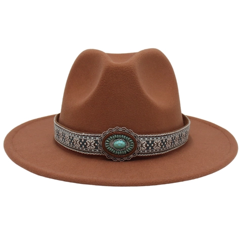 Fedora Hat Wool Felt Wide Brim Ethnic Woven Band Turquoise Decor Bohemian Western Cowboy Style Jazz Cap For Men Women