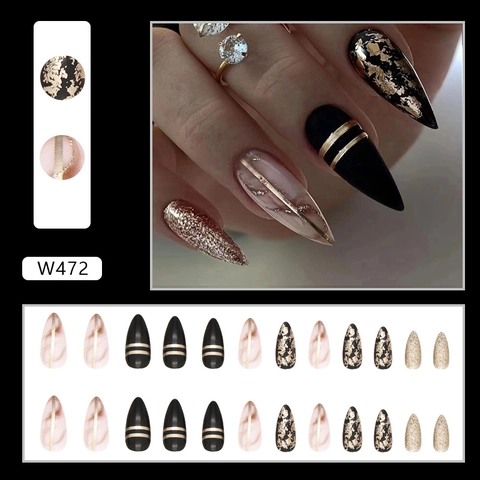 Uñas Postizas A Presión Forma Almendra Ámbar Negro Pan De Oro Brillo Textura Mármol Estilo Dulce Genial
