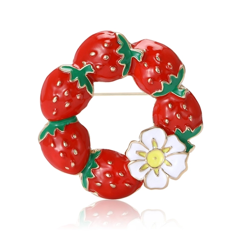 Broche Couronne Fraise Alliage Émail Douce Fleur Guirlande Bijoux Pour Femmes Costume Cardigan Accessoires