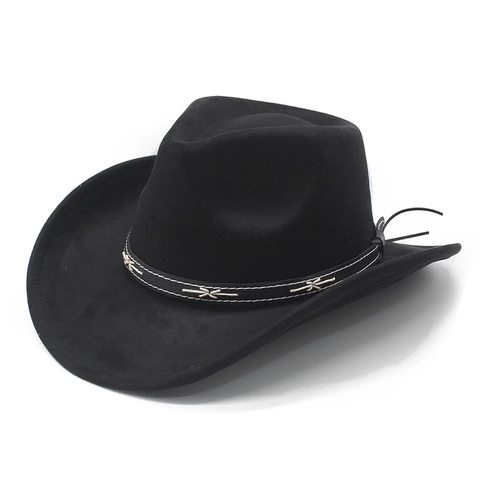 Cappello Da Cowboy Occidentale Vintage Scamosciato Tesa Larga Fedora Retro Con Fascia In Pelle Punto Croce Unisex