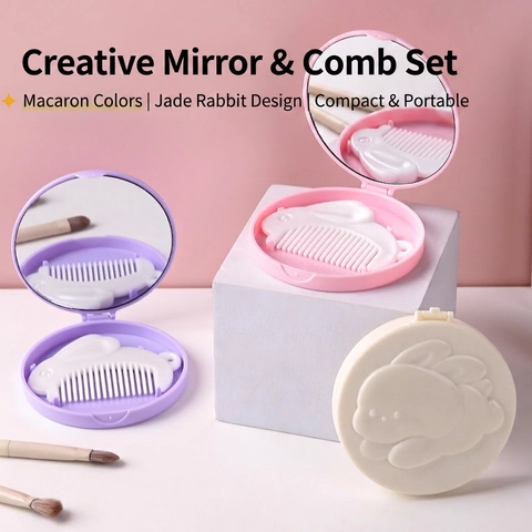 Miroir De Maquillage Pliable Portable Avec Ensemble Peigne Conception Relief Lapin Dessin Animé Compact Plastique Voyage