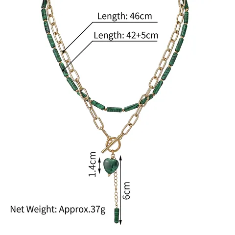 Roestvrijstalen Dubbellaagse Ketting Met Faux Malachiet Kralen 14K Vergulde Hart Hanger Knevelsluiting Voor Dames Sieraden