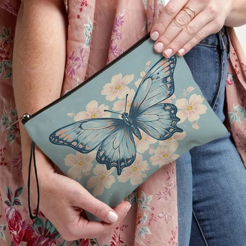 Schmetterling Blume Druck Make-up Tasche Leinen Reißverschluss Kosmetiktasche Tragbare Reise Kulturbeutel Für Frauen