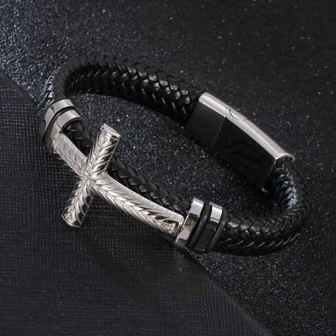 Bracciale In Pelle Intrecciata Da Uomo 316L Acciaio Inossidabile Ciondolo A Croce Religioso Bracciale Minimalista Con Chiusura Magnetica