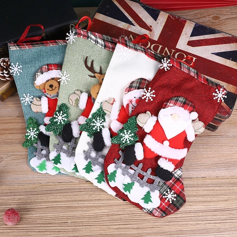 Christmas Stockings Linen Fabric Gift Bags 3D Applique Santa Snowman Reindeer Bear Plaid Snowflake Holiday Hanging Decor