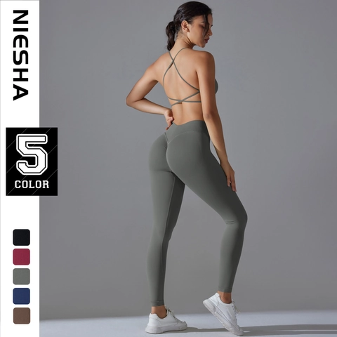 Yoga Workout Top En Legging Nylon Spandex Naadloos Ademend Gekruiste Rug Hoge Taille Butt Lifting Sexy Rekbaar Dames