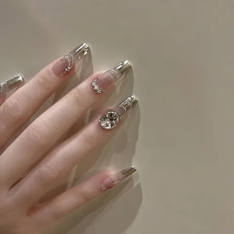 Hand-made Luxury Press On Nails Mirror French Tip Nude Pink Glitter Rhinestone Bow Pearl Decorative False Nails For Women