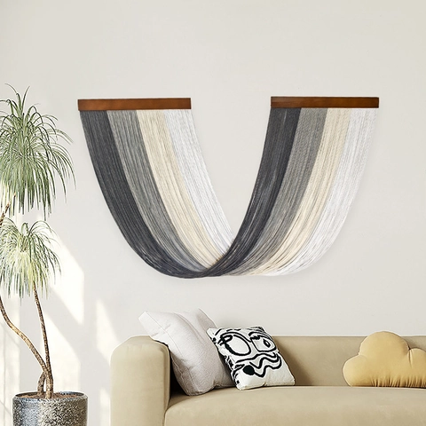 Hand Woven Cotton Macrame Wall Hanging Gradient Color Tassel Tapestry With Wood Rod Bohemian Home Decor