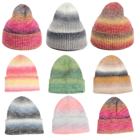 Tie Dye Gradiënt Beanie Muts Acryl Dik Warm Geribbelde Brei Omslag Puntige Kap Voor Winter Herfst Outdoor Dames Heren