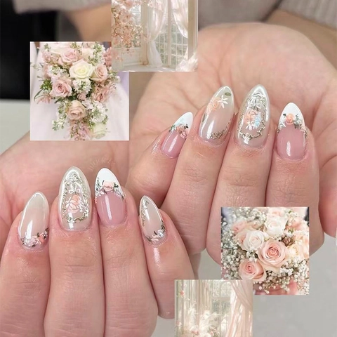 French 3D Flower Press On Nails Almond Shape Floral Lace Elegant Aurora Glossy Plastic Artificial Fingernails For Women