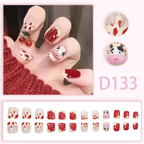 Cute Cartoon Cow Press On Nails Red White Pattern 3D Animal Cherry Charms Sweet Square Fake Nails Glue Style