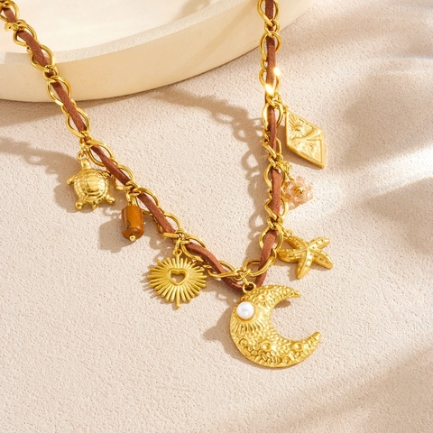 Stainless Steel Gold Plated Charm Necklace With Leather Cord Moon Starfish Turtle Sun Pendant Bohemian Beach Jewelry
