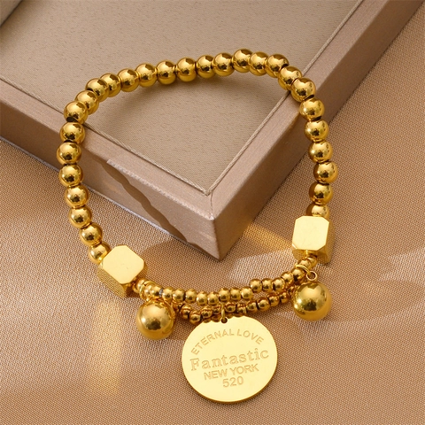 Pulsera De Cuentas De Acero De Titanio Colgante Redondo Grabado Eternal Love Fantastic New York Joyería Mujer
