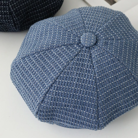 Retro Newsboy Baskenmütze Herren Damen Achteckige Malermütze Gewebte Waffelstruktur Lässiger Preppy-Stil Denim Blau