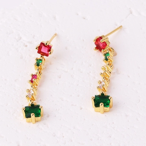 Boucles D'oreilles Pendantes Géométriques Laiton Plaqué Or 18K Zircone Cubique Frange Longue Colorée Pour Femmes
