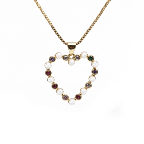 Collana Pendente Cuore Croce Rame Placcato Oro Con Zirconi Colorati E Künstliche Perle Per Donna Gioielli Vintage Regalo