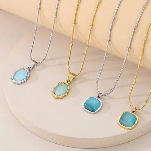 Vintage French Style Stainless Steel Necklace With Scalloped Cat Eye Stone Pendant Elegant Jewelry For Women