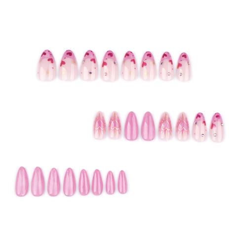 Unghie Finte Rosa Occhio Di Gatto Mandorla Francese Motivo Cuore Glitter Strass Manicure Artificiale Per Donne Elegante