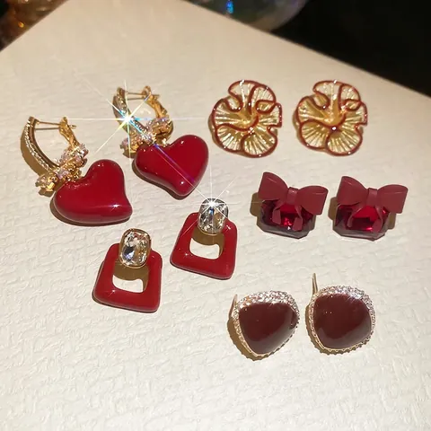 Red Enamel Stud Earrings Zircon Inlaid Retro Gold Plated Copper For Women With Silver Earring Post