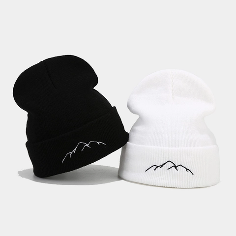 Minimalist Mountain Embroidery Knit Beanie Acrylic Cuffed Winter Warm Skull Cap For Men Women Outdoor Casual Fashion