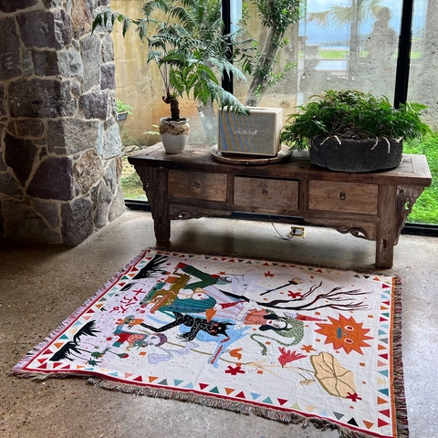 Coperta Intrecciata Cotone Lino Illustrazione Artistica Frange Bohémien Per Divano Camping Picnic Arazzo Da Parete