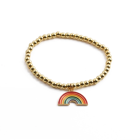 Pulsera De Cuentas De Cobre Chapado En Oro Con Colgante De Arcoíris De Esmalte Colorido Joyería Elástica Para Mujeres