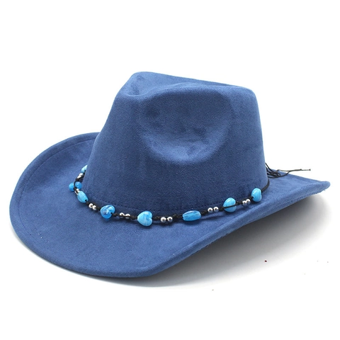 Retro Western Cowboy Hat Faux Suede Wide Brim Beaded Band Ethnic Heart Decor Vintage Fedora For Women Men