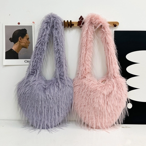 Borsa A Spalla In Pelliccia Sintetica Cuore Frange Grande Capacità Borsa In Peluche Stile Punk Spicy Girl Autunno Inverno