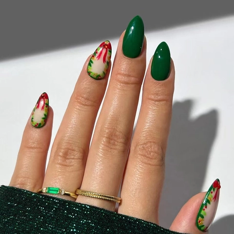 Christmas Press On Nails Almond Shape Red Bow Dark Green Gold Foil Detachable ABS False Nails Festive Manicure