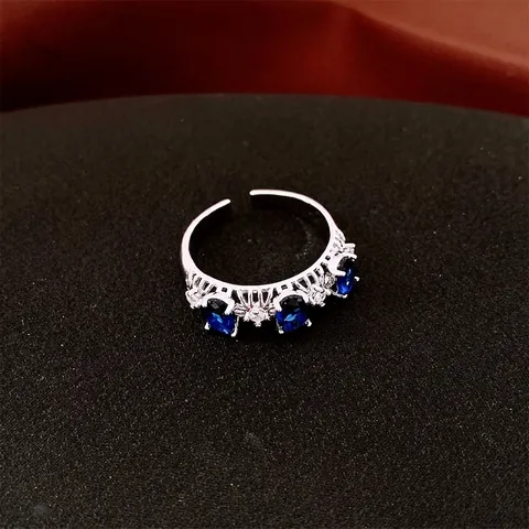 French Style Zircon Oval Hollow Open Ring Copper Blue Gemstone Adjustable Light Luxury Elegant Jewelry For Women