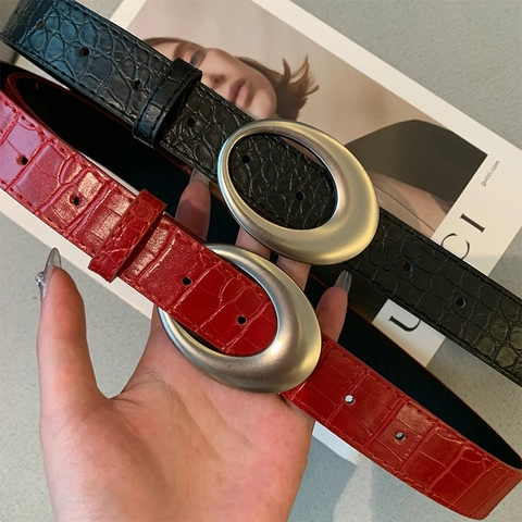 Women Fashion Waist Belt Faux Leather Crocodile Pattern Oval Metal Buckle Vintage Retro Style Versatile Accessory