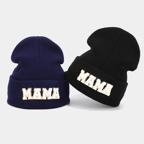 Women Winter Beanie Hat Warm Acrylic Knit Cap With MAMA Letter Patch Sequin Embroidery Casual Solid Color Cuff Hat