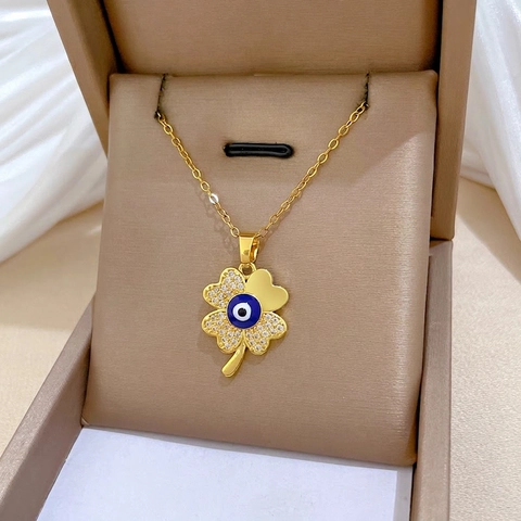 Klavertje Vier Boze Oog Hanger Ketting Verguld Roestvrij Staal Koper Zirkonia Voor Dames