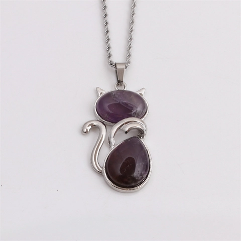 Fashion Stainless Steel Cat Pendant Necklace Natural Stone Tiger Eye Amethyst Opal Animal Gemstone Necklace For Women Men Jewelry