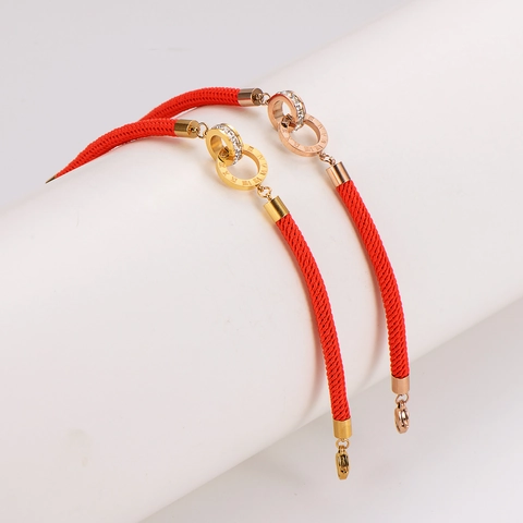 Red Rope Bracelet 304 Stainless Steel Interlocking Double Rings Roman Numerals Rhinestone Adjustable Lucky Jewelry Women