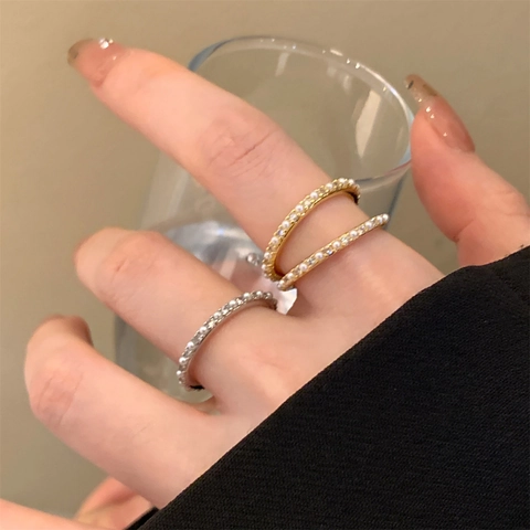 Artificial Pearl Zircon Ring For Women 14K Gold Plated Alloy Simple Stackable Index Finger Band Light Luxury Elegant Jewelry