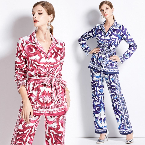 Stampa Floreale Barocca Satin Poliestere Maniche Lunghe Blusa Con Cintura E Pantaloni Dritti Donna Ufficio Casual Elegante